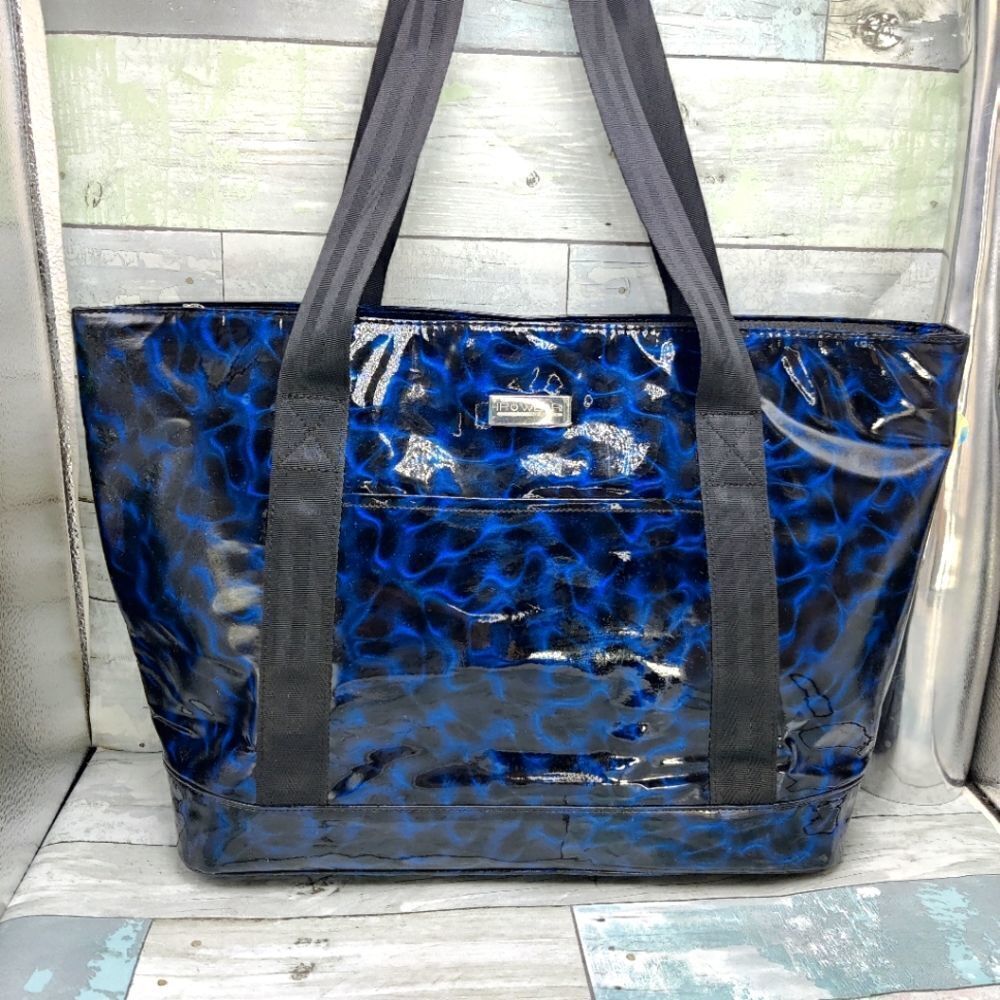 Ipowear large Tote Bag Iridescent Waves of Blue & Black Patent, Zip Top, Lined